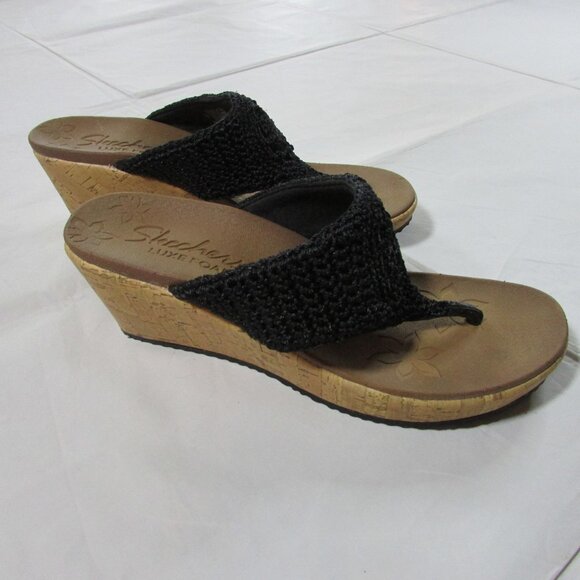 Skechers Women's 8 Beverlee Fancy Work Wedge Flip Flops Black 38557 - Picture 2 of 3